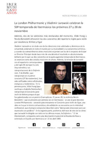 La London Philharmonic y Vladimir Jurowski celebran la 50ª temporada de Ibermúsica