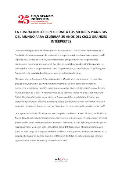 La Fundación Scherzo reúne a los mejores pianistas en el 25 aniversario del Ciclo Grandes Intérpretes