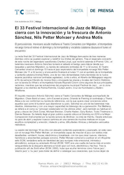 El 33 Festival Internacional de Jazz de Málaga cierra con Antonio Sánchez, Nils Petter Molvaer y Andrea Motis