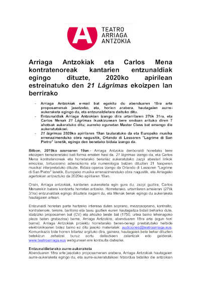 El Teatro Arriaga y el contratenor Carlos Mena realizarán audiciones de cantantes para la nueva producción 21 lágrimas