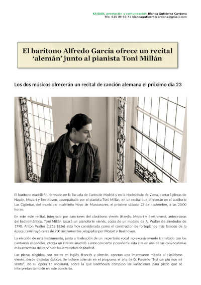 El barítono Alfredo García ofrece un recital «alemán» junto al pianista Tony Millán
