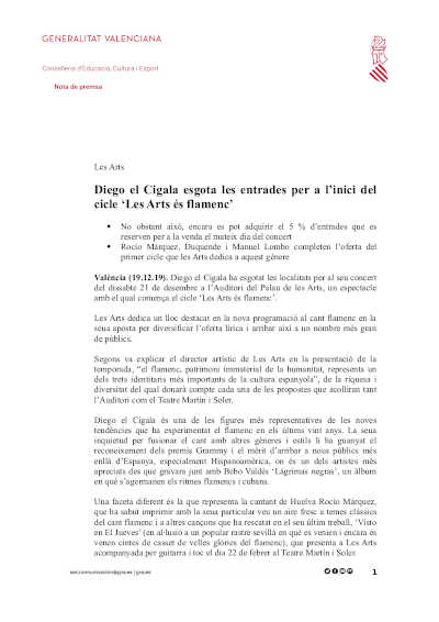 Diego el Cigala agota las entradas para el inicio del ciclo ‘Les Arts és flamenco’
