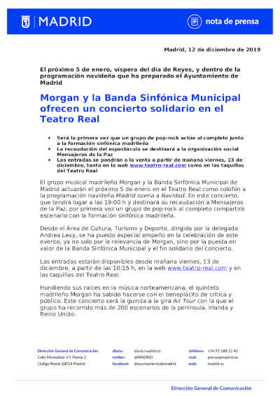 Morgan y la Banda Sinfónica Municipal ofrecen un concierto solidario en el Teatro Real