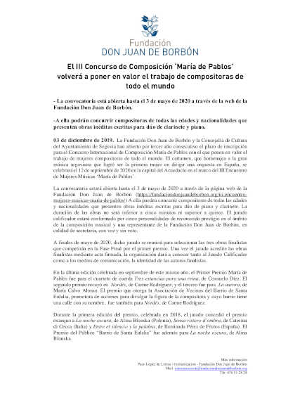 El III Concurso de Composición ‘María de Pablos’ volverá a poner en valor el trabajo de compositoras de todo el mundo
