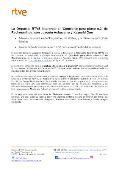La Orquesta RTVE interpreta el ‘Concierto para piano n.2’ de Rachmaninov, con Joaquín Achúcarro y Kazushi Ono
