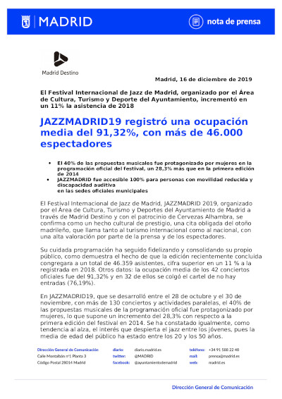 JAZZMADRID19 registró una ocupación media del 91,32%, con más de 46.000 espectadores