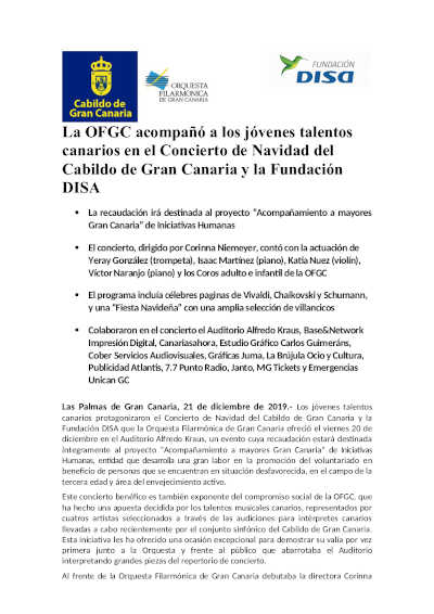 La OFGC acompañó a los jóvenes talentos canarios en el Concierto de Navidad 2019