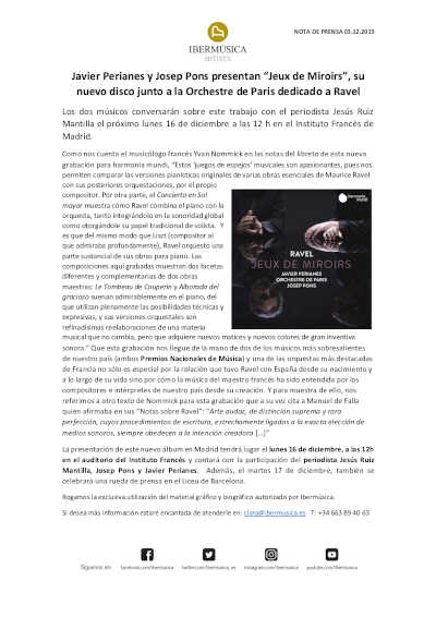 Javier Perianes y Josep Pons presentarán JEUX DE MIROIRS, su nuevo disco dedicado a Ravel Javier Perianes y Josep Pons presentarán JEUX DE MIROIRS, su nuevo disco dedicado a Ravel
