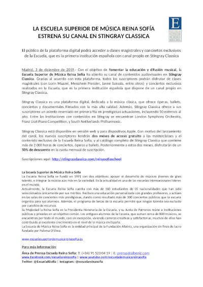 La Escuela Superior de Música Reina Sofía estrena su canal en Stingray Classica