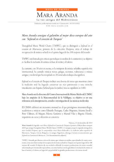 Mara Aranda consigue el galardón al mejor disco europeo del año con ‘Sefarad en el corazón de Turquía’ Mara Aranda consigue el galardón al mejor disco europeo del año con ‘Sefarad en el corazón de Turquía’