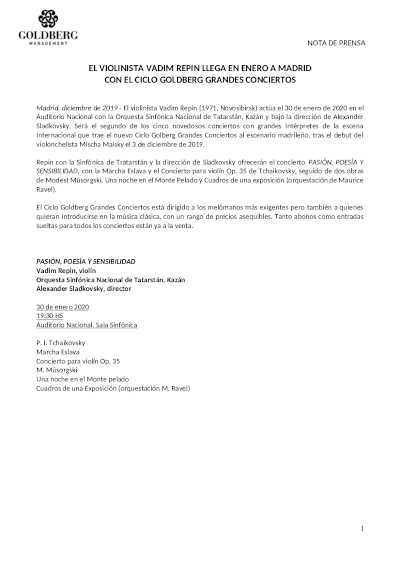 El violinista Vadim Repin llega en enero a Madrid con el Ciclo Goldberg Grandes Conciertos