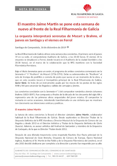 El maestro Jaime Martín se pone esta semana de nuevo al frente de la Real Filharmonía de Galicia