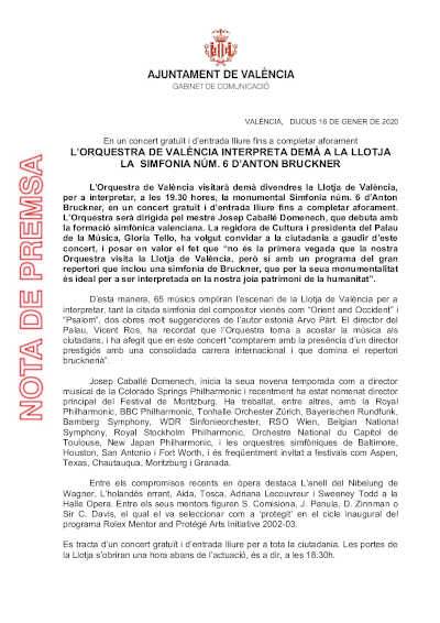 La Orquesta de València interpreta mañana en la Lonja la Sinfonía nº 6 de Anton Bruckner