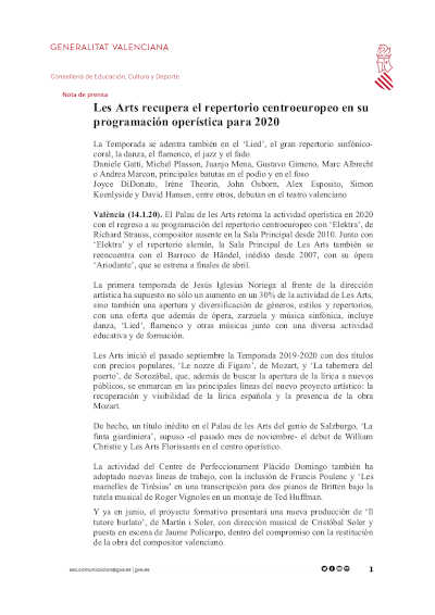 Les Arts recupera el repertorio centroeuropeo en su programación operística para 2020