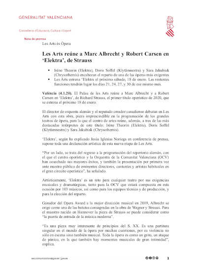 Les Arts reúne a Marc Albrecht y Robert Carsen en ‘Elektra’, de Strauss