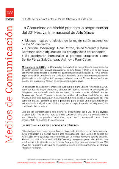 La Comunidad de Madrid presenta la programación del 30º Festival Internacional de Arte Sacro