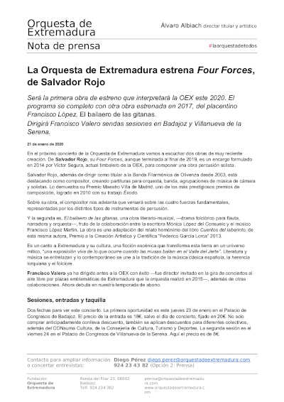 La Orquesta de Extremadura estrena Four Forces, de Salvador Rojo La Orquesta de Extremadura estrena Four Forces, de Salvador Rojo
