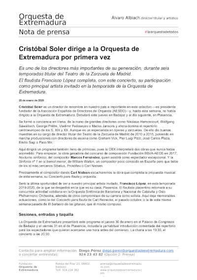 Cristóbal Soler dirige a la Orquesta de Extremadura por primera vez Cristóbal Soler dirige a la Orquesta de Extremadura por primera vez