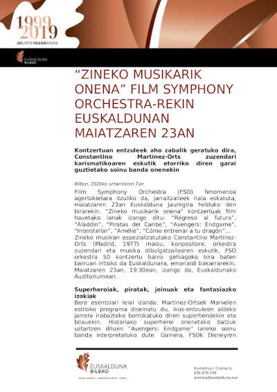 «La mejor música de cine» con Film Symphony Orchestra en el Palacio Euskalduna «La mejor música de cine» con Film Symphony Orchestra en el Palacio Euskalduna