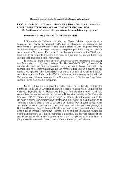 La Orquesta de València y Raúl Junquera interpretan el concierto para trompeta de Hummel