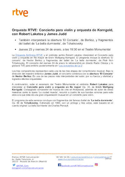 Orquesta RTVE: Concierto para violín y orquesta de Korngold, con Robert Lakatos y James Judd