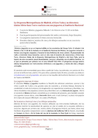 La Orquesta Metropolitana de Madrid, el Coro Talía y su directora titular Silvia Sanz Torre vuelven con sus juguetes