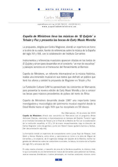 Capella de Ministrers lleva las músicas de ‘El Quijote’ a Tetuán y Fez y presenta las becas de Early Music Morella