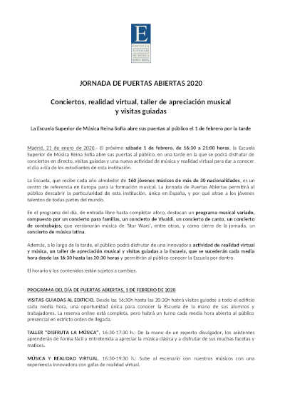 Jornada de puertas abiertas en la Escuela Superior de Música Reina Sofía el 1 de febrero de 2020