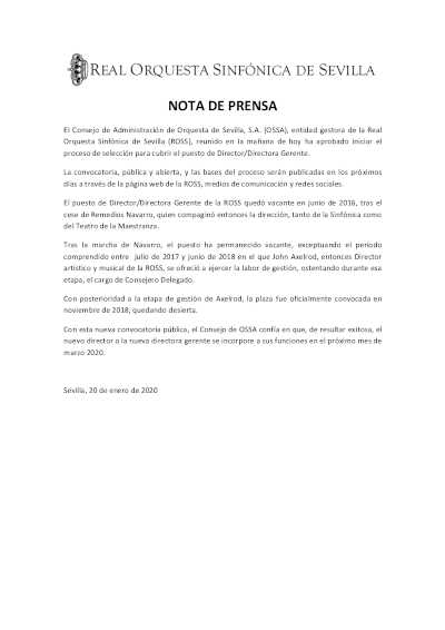 Se inicia proceso de selección de Director/a Gerente para la Real Orquesta Sinfónica de Sevilla