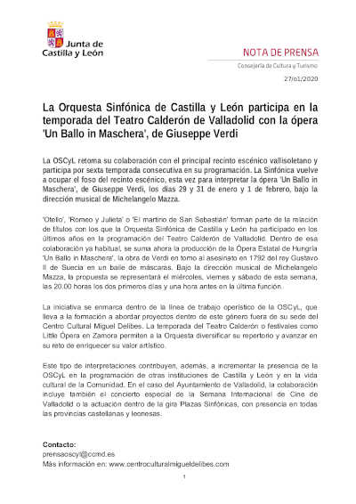 La Orquesta Sinfónica de Castilla y León participa en la temporada del Teatro Calderón con la ópera ‘Un Ballo in Maschera’