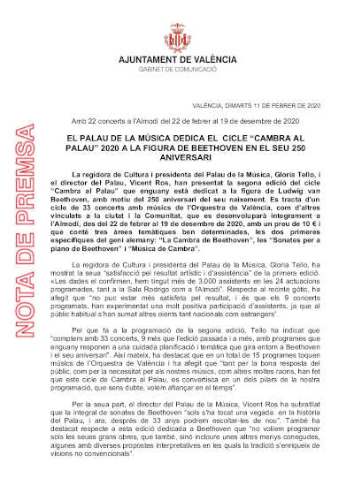 El Palau de la Música dedica el ciclo «Cambra al Palau» 2020 a la figura de Beethoven