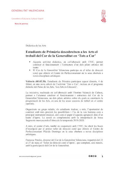 Estudiantes de Primaria descubren en Les Arts el trabajo del Cor de la Generalitat en ‘Tots a Cor’