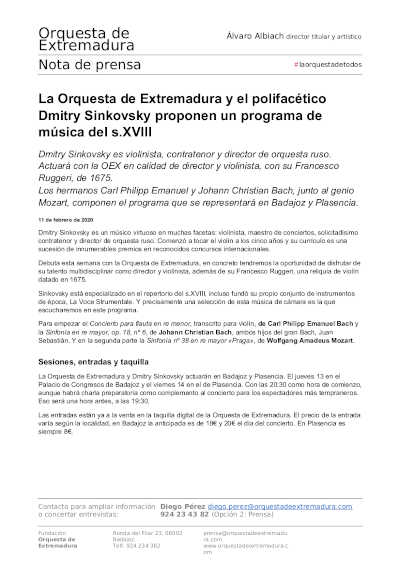 Dmitry Sinkovsky debuta con la Orquesta de Extremadura con programa del siglo XVIII