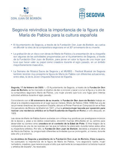 Segovia reivindica la importancia de la figura de María de Pablos para la cultura española