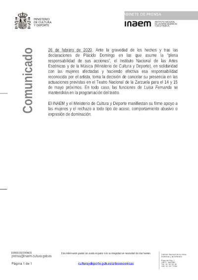 El INAEM Cancela: Plácido Domingo celebrará en el Teatro de la Zarzuela los 50 años de su debut en Madrid