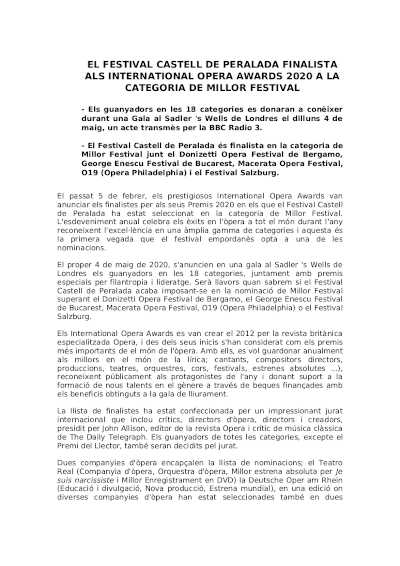 El Festival Castell de Peralada finalista en los International Opera Awards 2020
