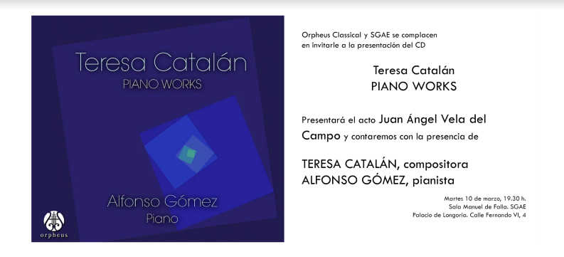 Teresa Catalán, Premio Nacional de Música 2017, presenta «Piano Works», su último CD