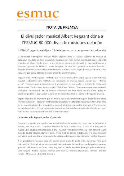 El divulgador musical Albert Reguant da a la ESMUC 80.000 discos de músicas del mundo El divulgador musical Albert Reguant da a la ESMUC 80.000 discos de músicas del mundo