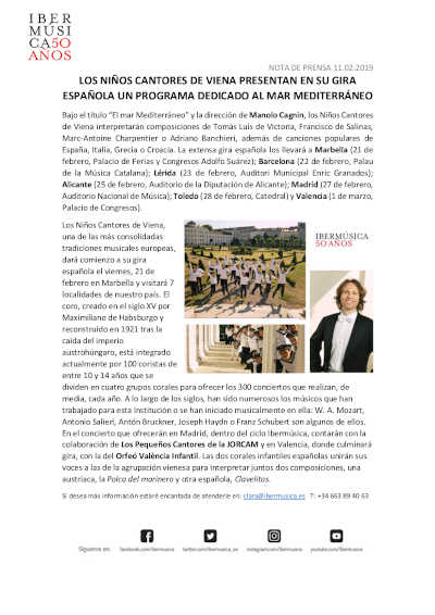 Los Niños Cantores de Viena, presentan en su gira española un programa dedicado al Mar Mediterráneo