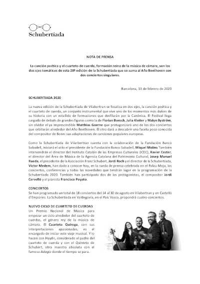 La 28ª edición de la Schubertíada se suma al Año Beethoven con dos conciertos singulares