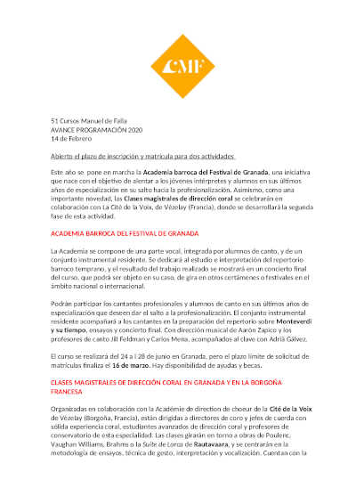 Avance del programa de los Cursos Manuel de Falla 2020 del Festival Internacional de Granada