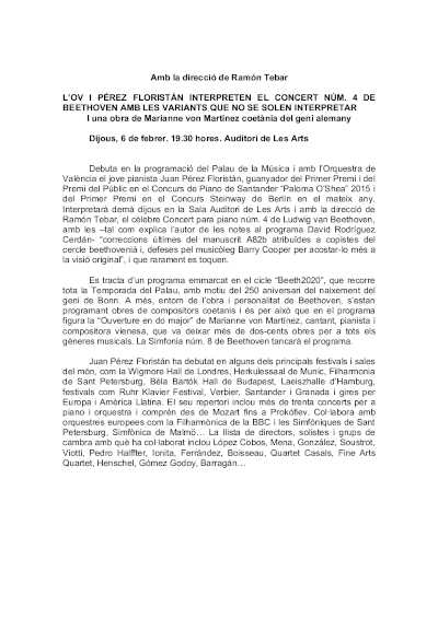 La Orquesta de València y Pérez Floristán interpretan el concierto nº 4 de Beethoven