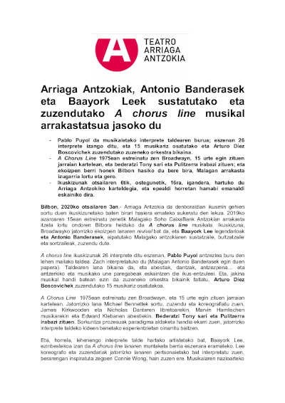 El Teatro Arriaga acoge el exitoso musical A chorus line, impulsado y codirigido por Antonio Banderas y Baayork Lee