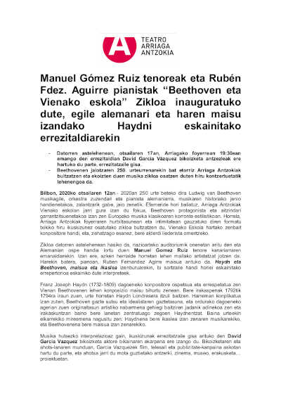 El tenor Manuel Gómez Ruiz y el pianista Rubén Fdez. Aguirre inauguran el Ciclo “Beethoven y la escuela vienesa”