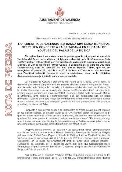 La Orquesta de València y la Banda Sinfónica Municipal ofrecerán conciertos a la ciudadanía