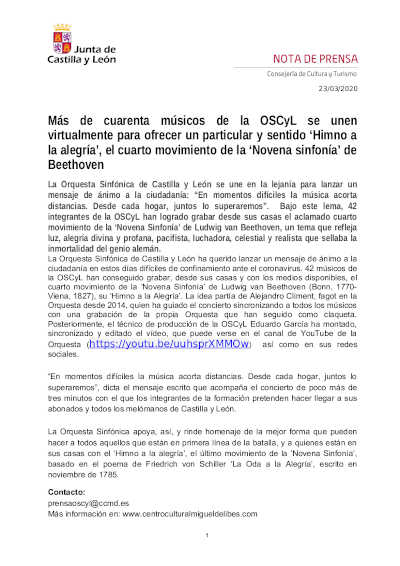 Más de cuarenta músicos de la OSCyL se unen virtualmente para ofrecer un particular y sentido ‘Himno a la alegría’