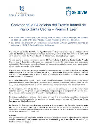 Convocada la 24 edición del Premio Infantil de Piano Santa Cecilia – Premio Hazen