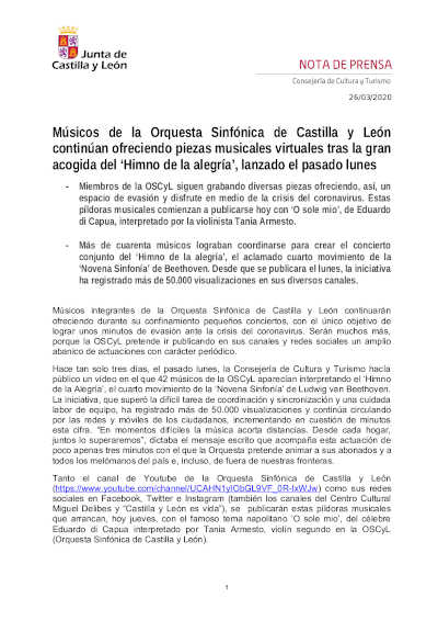 Músicos de la Orquesta Sinfónica de Castilla y León continúan ofreciendo piezas musicales virtuales
