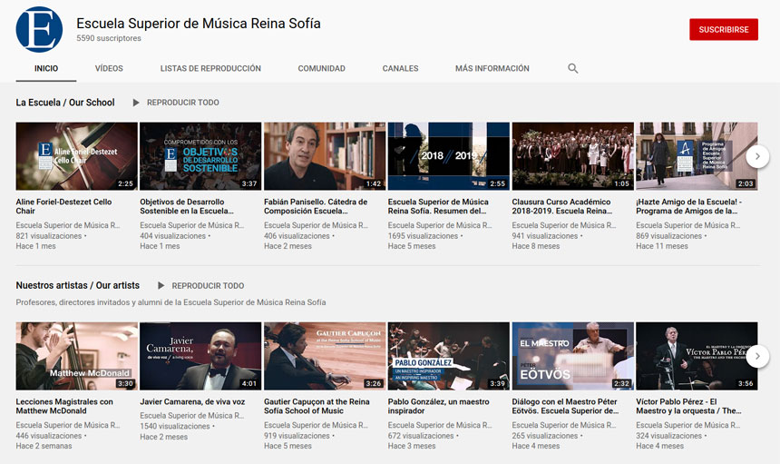 La Escuela Superior de Música Reina Sofía ofrece contenidos audiovisuales gratuitos en sus canales digitales