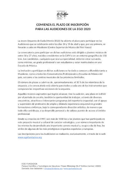 Comienza el plazo de inscripción para las audiciones EGO 2020